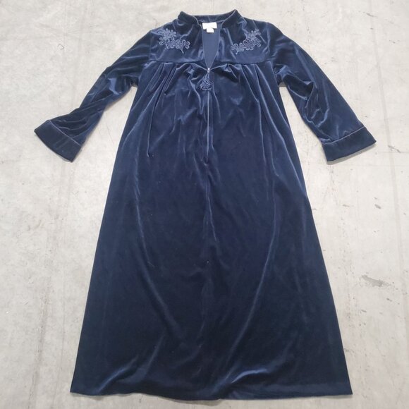 Vintage Jasmine Rose Navy Blue Long Velvet Nightgown M Mid Calf to Floor Length - Picture 1 of 9